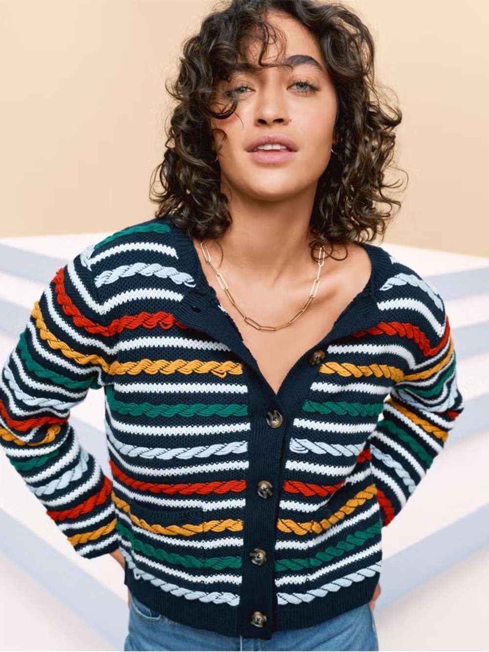 La Ligne Navy Striped Cable-Knit Cardigan with Red, Green & Yellow Accents - Picture 2 of 7